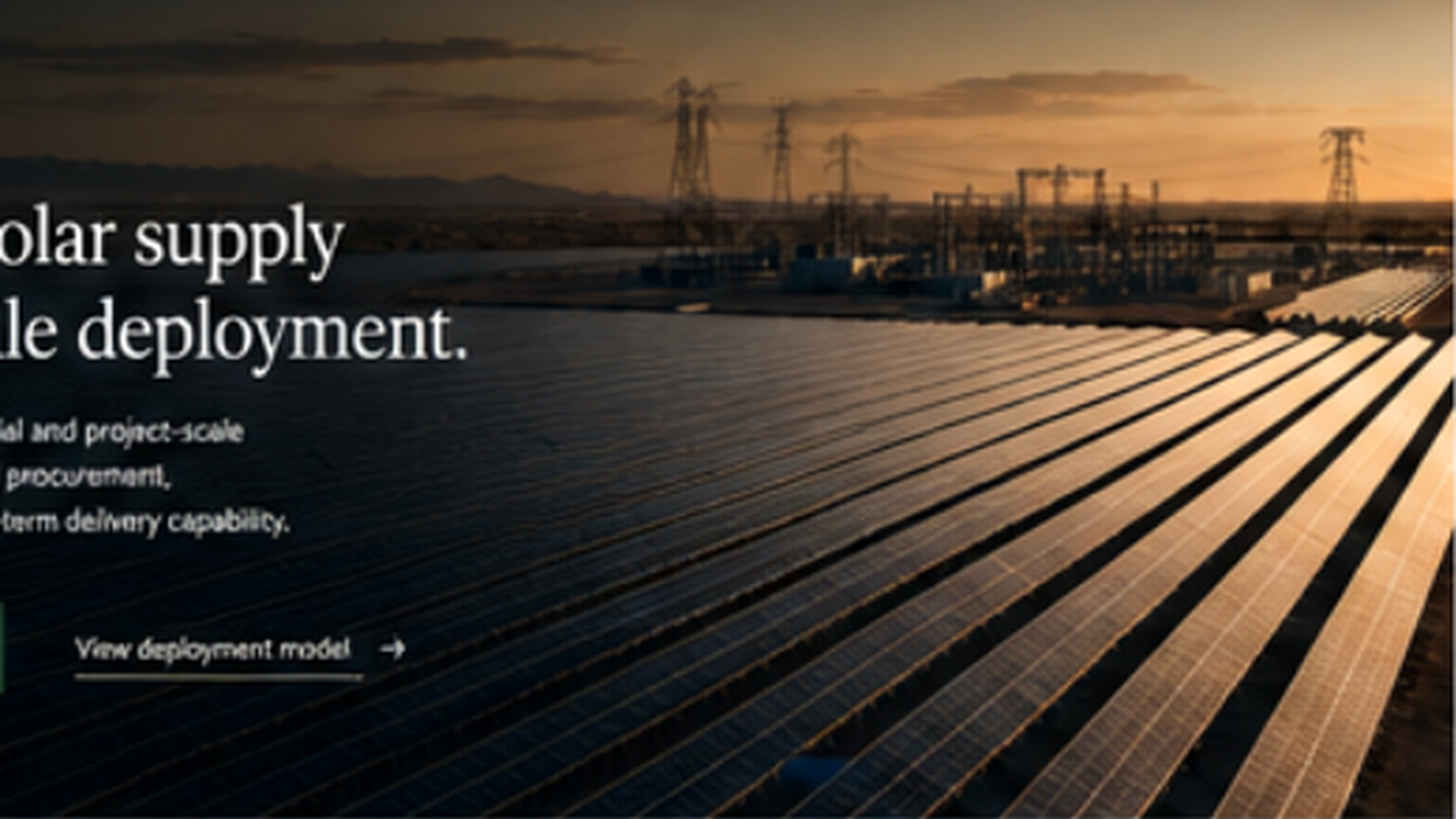 Utility-scale solar field at sunset with transmission infrastructure